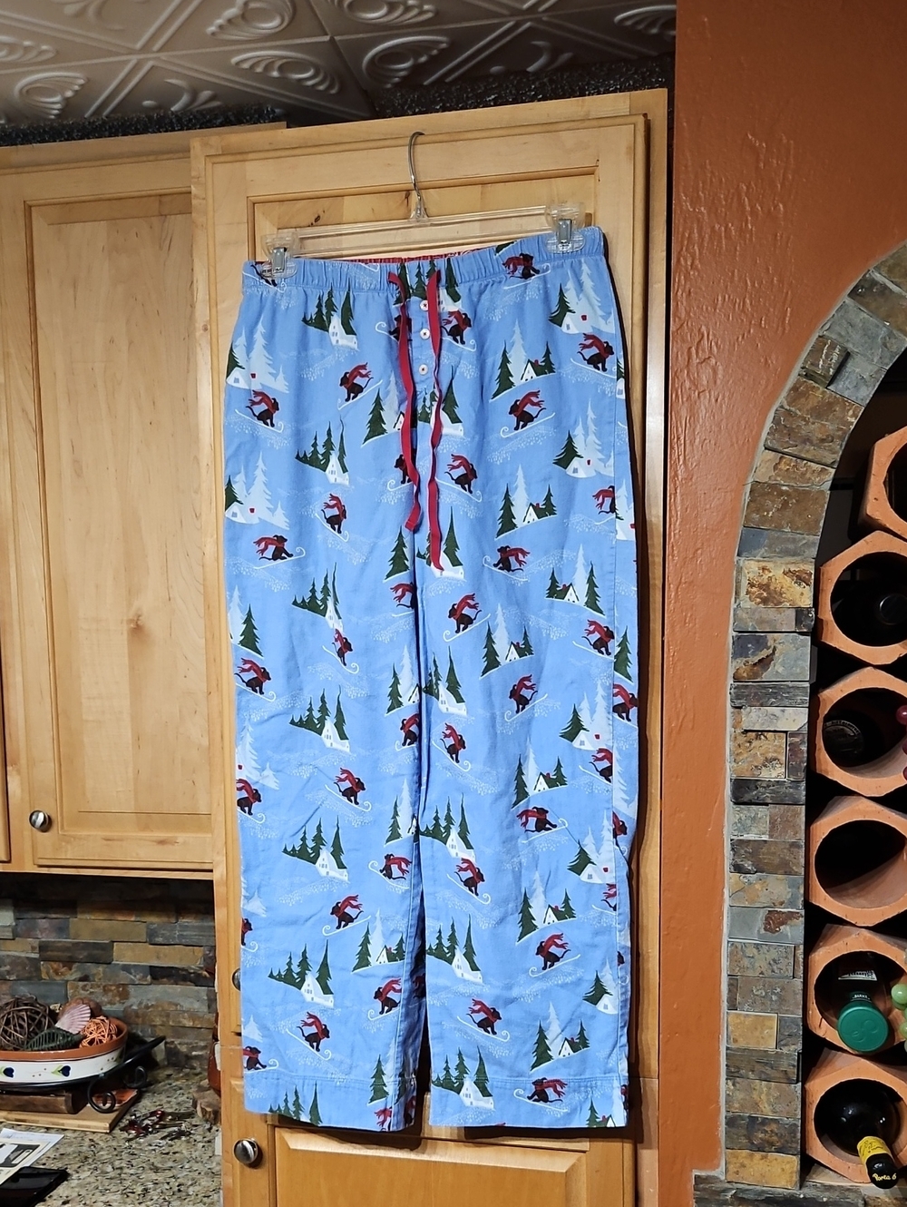L.L. Bean Christmas Holiday Ski Dogs Tree Cotton Flannel Sleep Pajama Pants Blue
